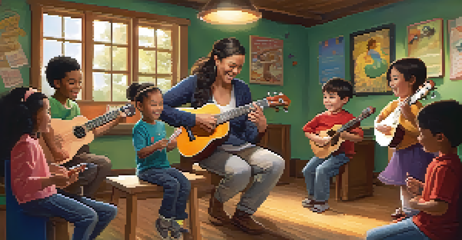 A music lesson with a teacher showing chords on a ukulele to a group of eager children in a colorful classroom.