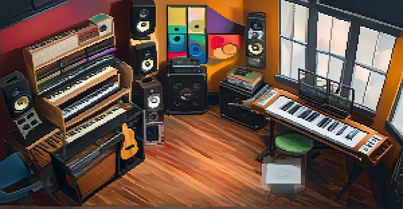 A modern music studio featuring a ukulele on a mixing console, with colorful decor and ambient lighting that enhances the creative vibe.