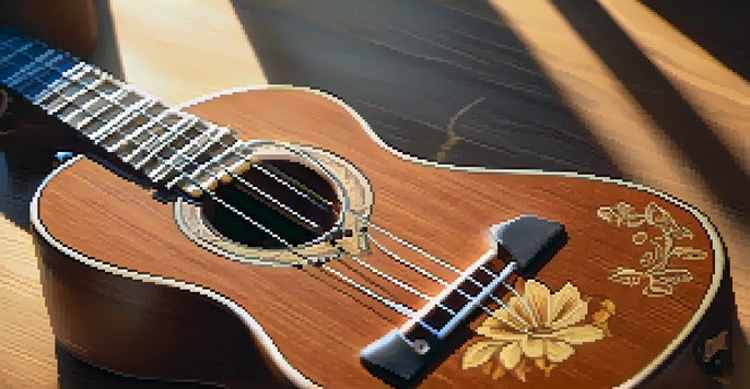 A close-up of an acoustic ukulele on a wooden table with sunlight casting shadows, showcasing intricate designs and hands strumming.