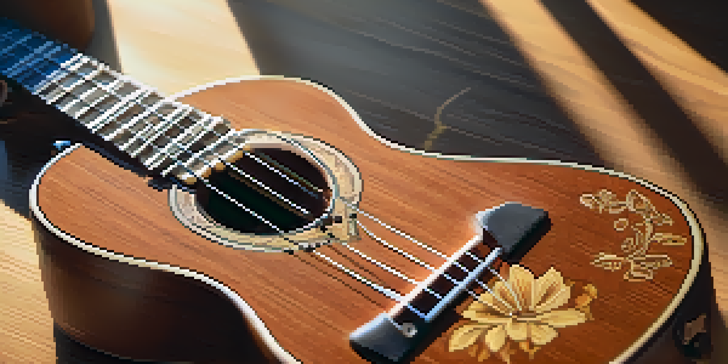 A close-up of an acoustic ukulele on a wooden table with sunlight casting shadows, showcasing intricate designs and hands strumming.