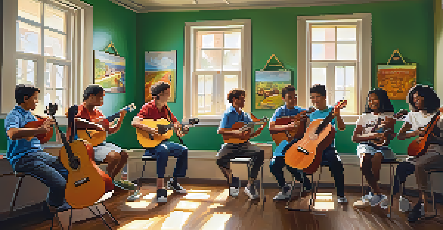 A group of students in a classroom learning ukulele from a smiling instructor, with musical posters on the walls.