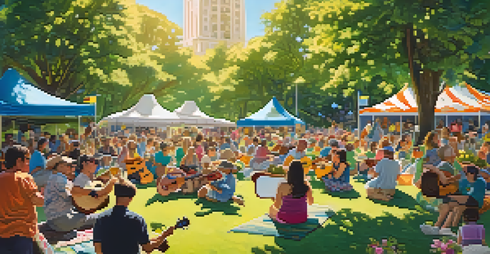 A lively ukulele festival in a sunny park with colorful tents and people playing ukuleles, surrounded by green trees and flowers.