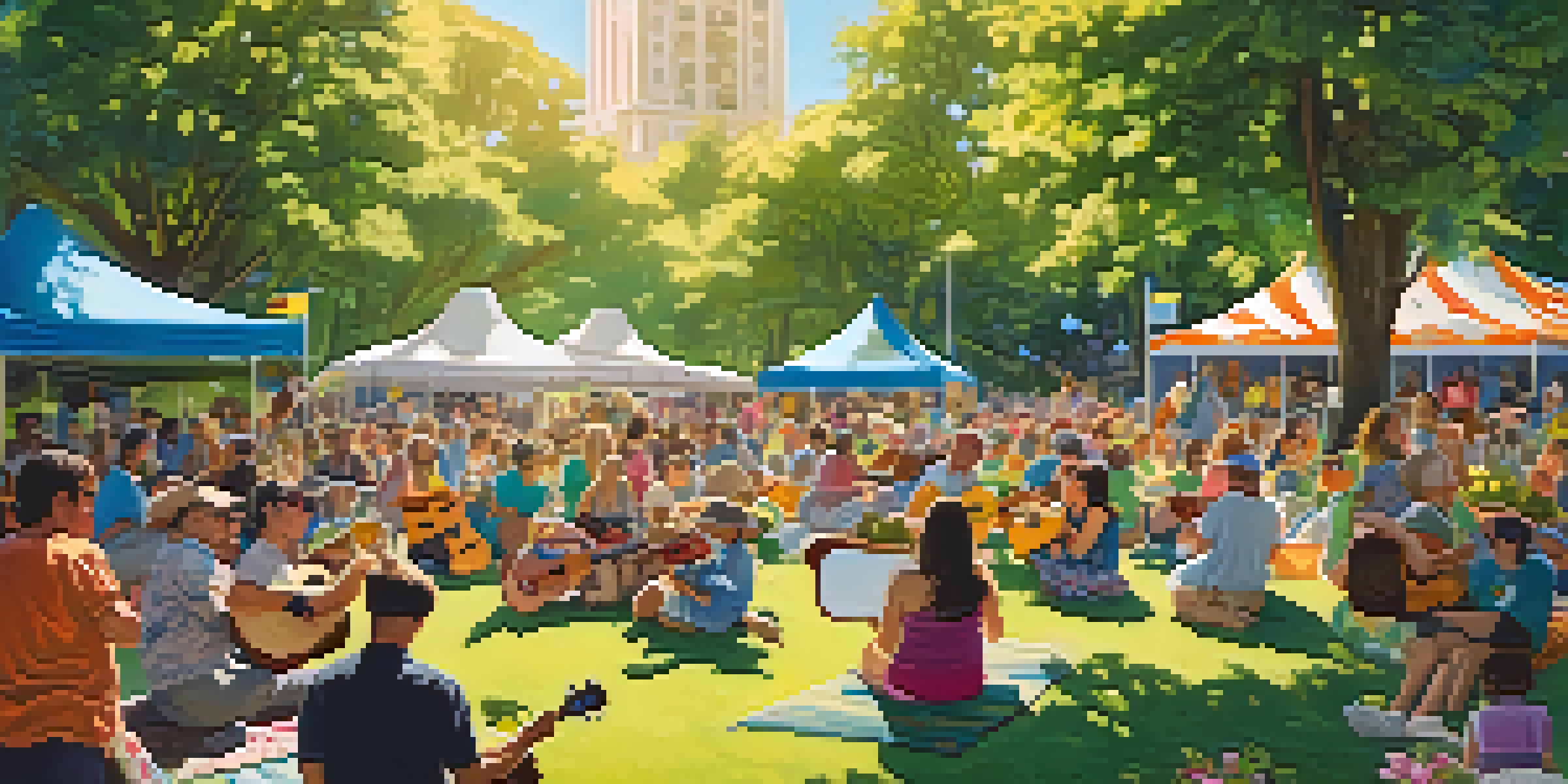 A lively ukulele festival in a sunny park with colorful tents and people playing ukuleles, surrounded by green trees and flowers.