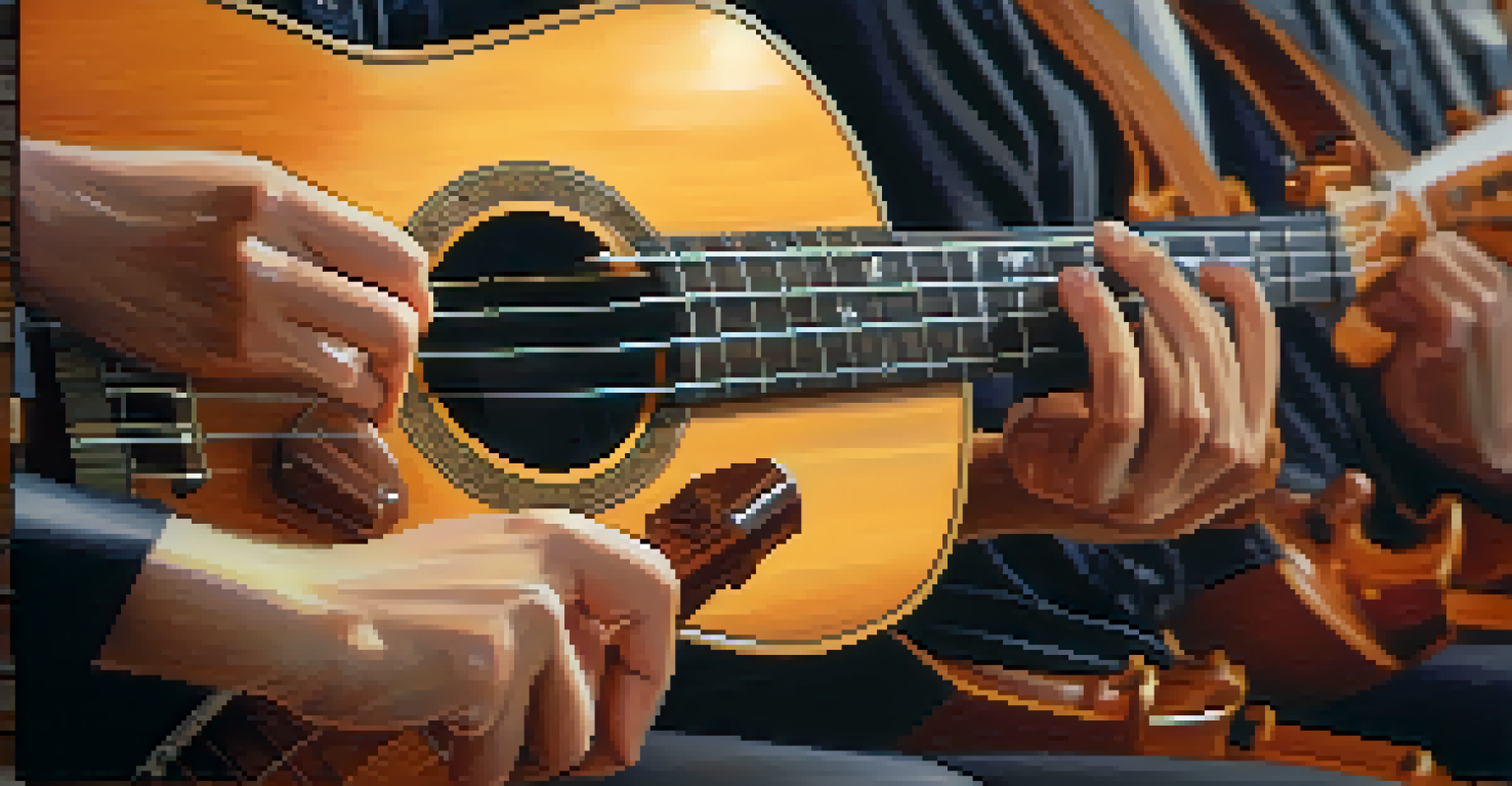 Close-up of hands skillfully playing ukuleles, with a blurred background emphasizing the warm wooden texture of the instruments.