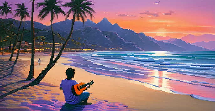 A person sitting on the beach playing the ukulele at sunset, with colorful sky and palm trees.
