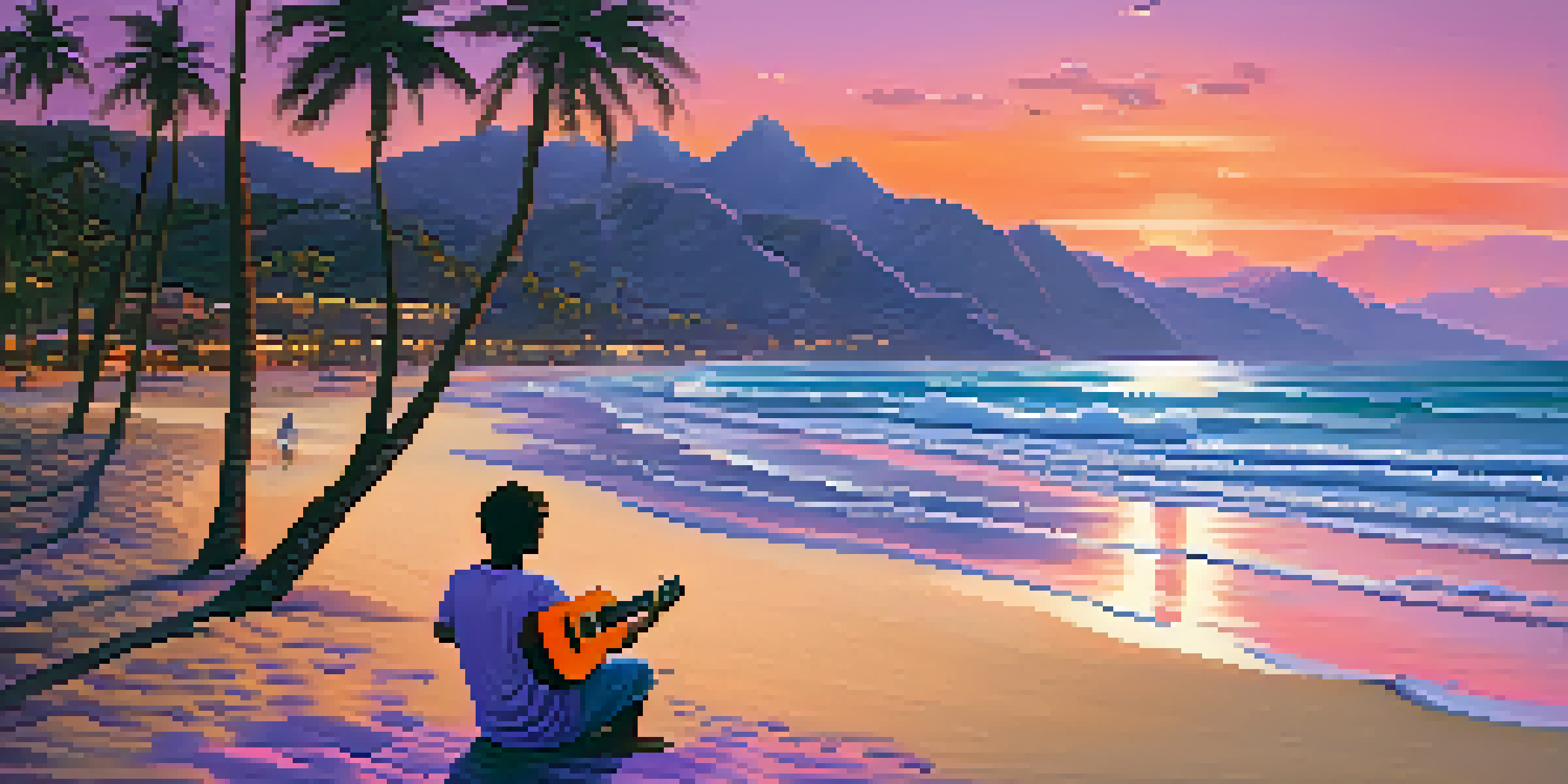 A person sitting on the beach playing the ukulele at sunset, with colorful sky and palm trees.