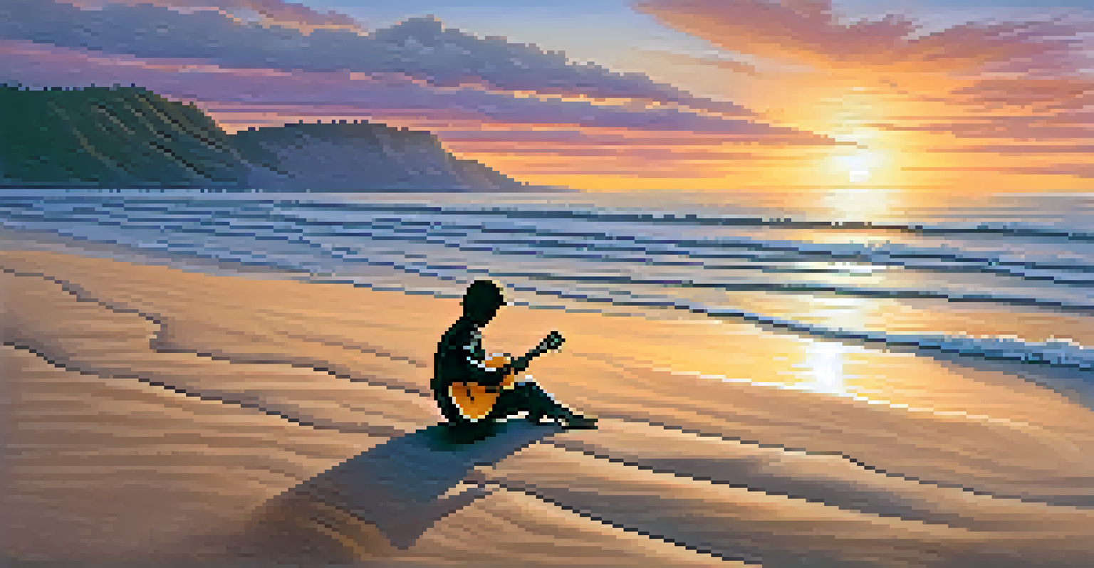A person sitting on the beach playing a ukulele at sunset, with waves in the background and a golden sky.
