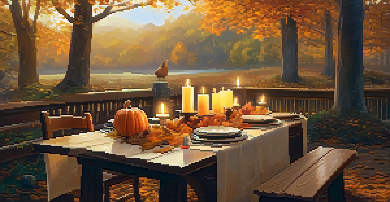 A beautifully arranged table for an autumn gathering with pumpkins, candles, and a ukulele.