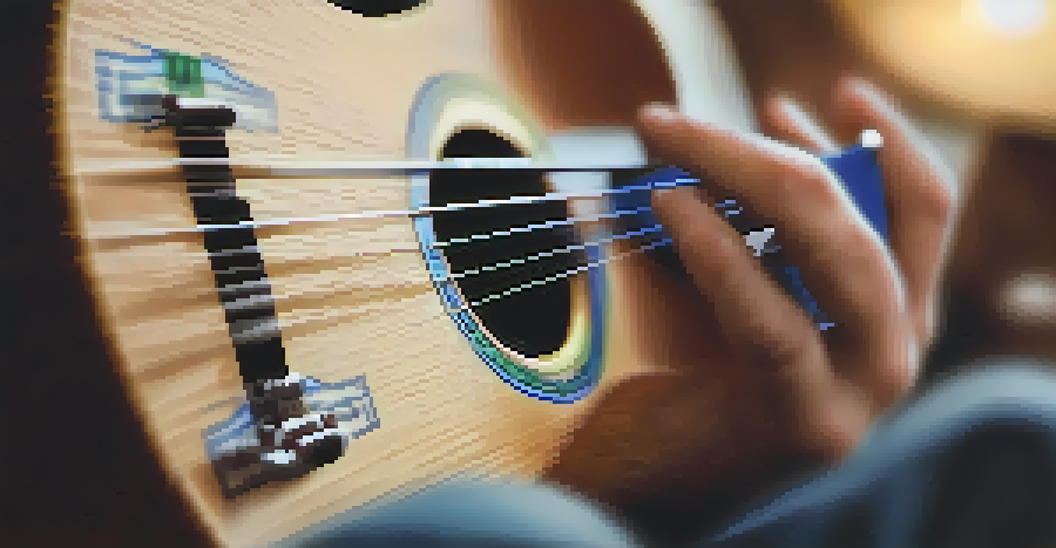 A close-up of hands tuning a ukulele with a clip-on tuner against a blurred music studio background.