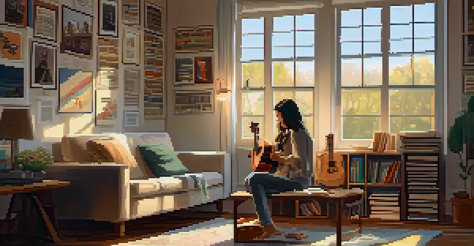 A person sitting in a cozy living room, learning to play the ukulele with a laptop showing a tutorial, surrounded by music-themed decorations.