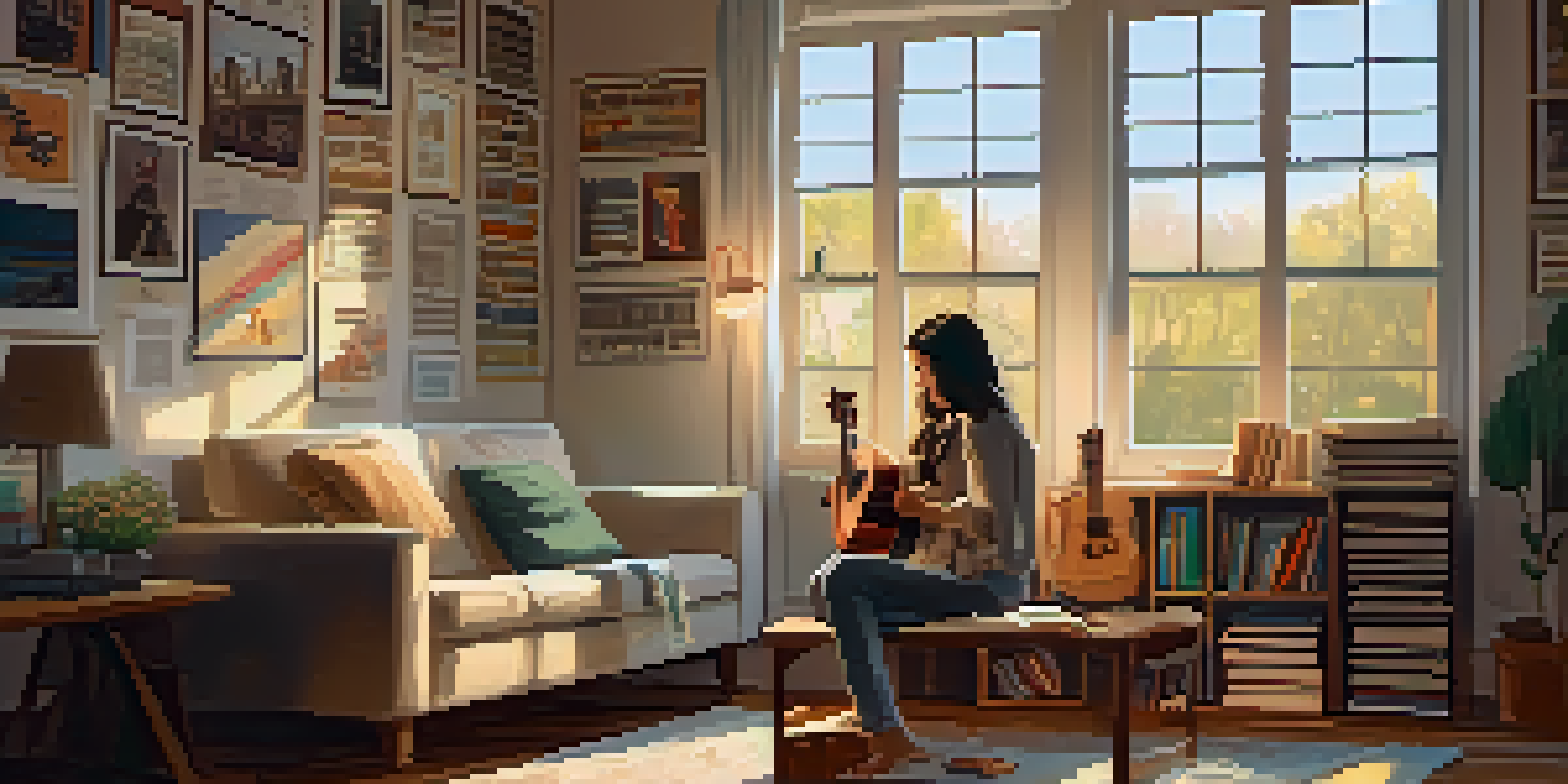A person sitting in a cozy living room, learning to play the ukulele with a laptop showing a tutorial, surrounded by music-themed decorations.
