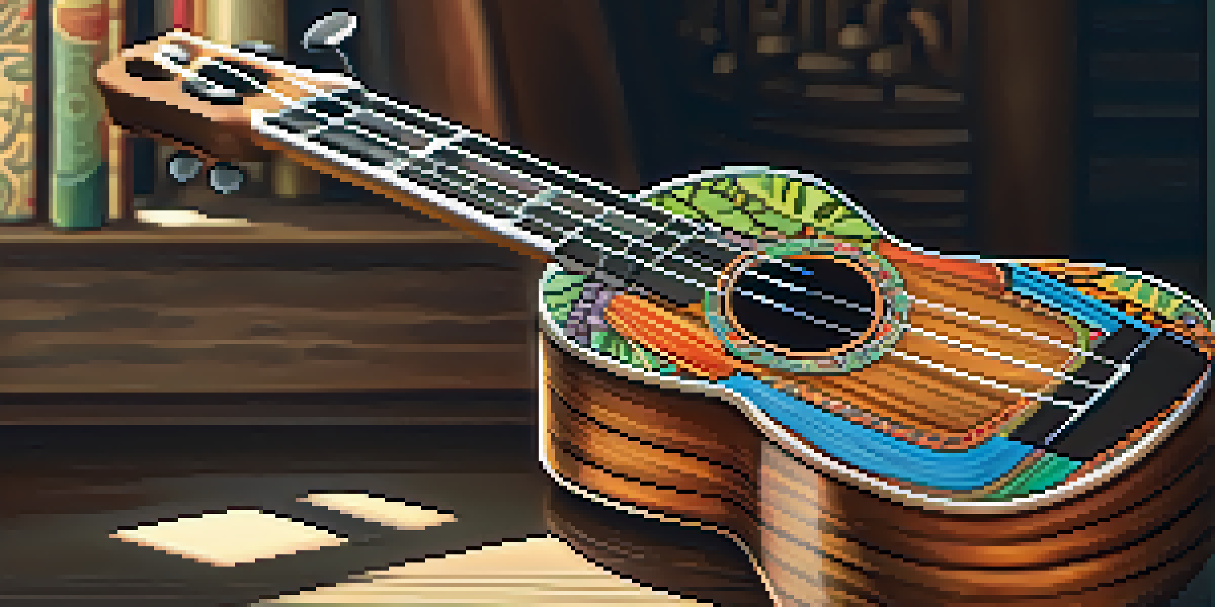A close-up of a beautifully crafted ukulele on a wooden table with soft lighting and blurred background elements.
