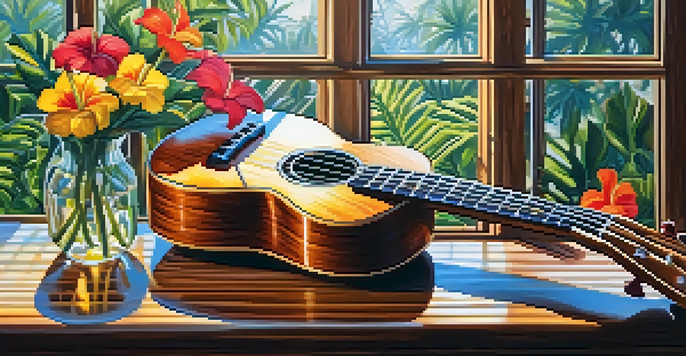 A vintage ukulele on a wooden table, illuminated by sunlight, with tropical flowers beside it.