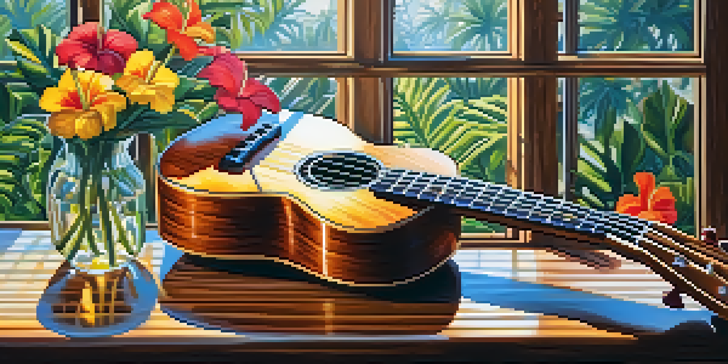 A vintage ukulele on a wooden table, illuminated by sunlight, with tropical flowers beside it.
