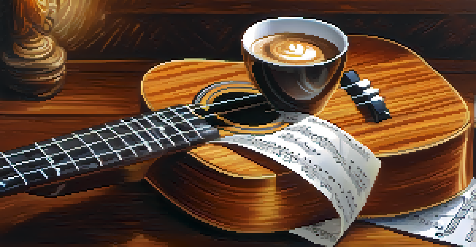 A close-up of a ukulele on a wooden table next to sheet music and a cup of coffee, illuminated by warm soft lighting.
