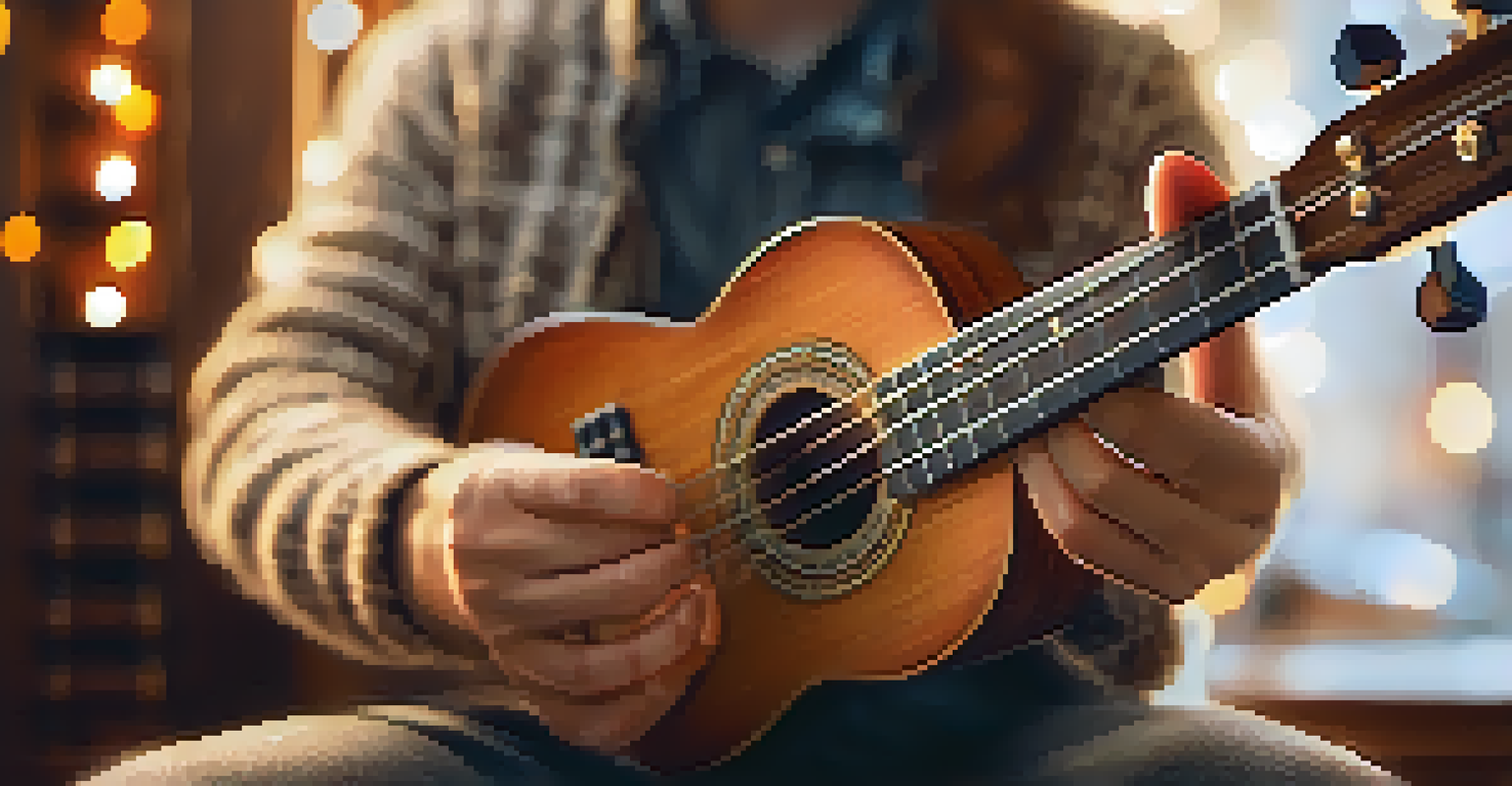 A close-up view of hands strumming a ukulele, with warm lights blurred in the background, showcasing the instrument's wood grain.