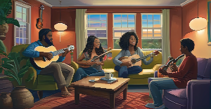 A diverse group of musicians collaborating indoors, surrounded by ukuleles and warm ambient lighting.
