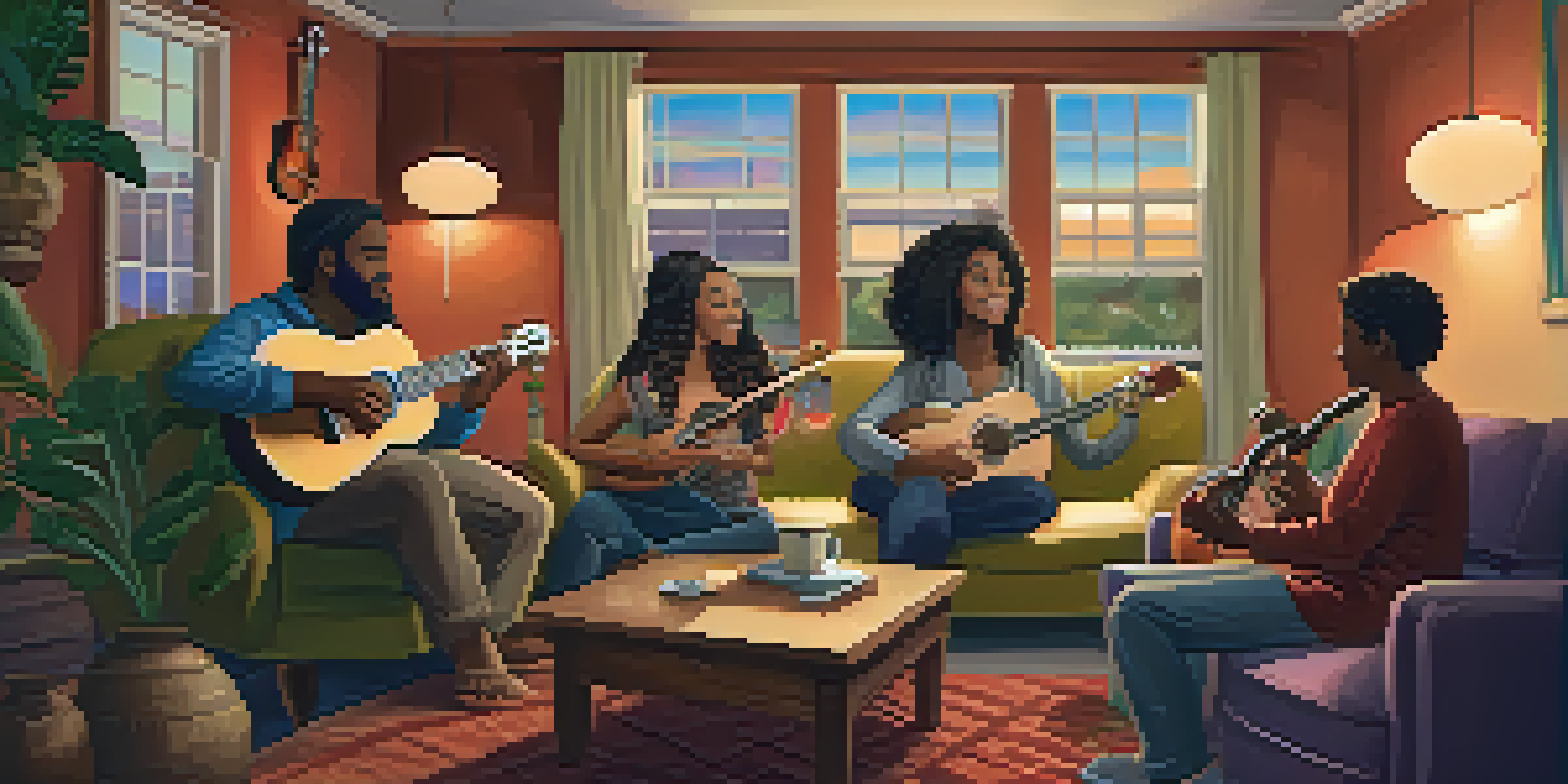 A diverse group of musicians collaborating indoors, surrounded by ukuleles and warm ambient lighting.