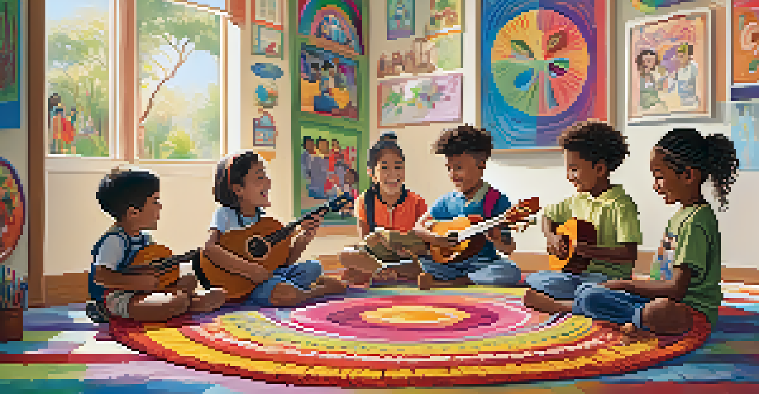 Children learning to play the ukulele in a classroom, sitting in a circle on a colorful rug, with a teacher guiding them amidst musical decorations.