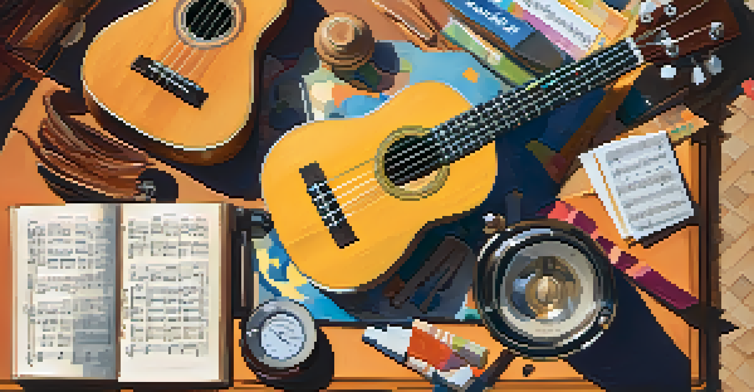 An overhead view of a practice space with a ukulele, metronome, and sheet music on a sunlit desk.