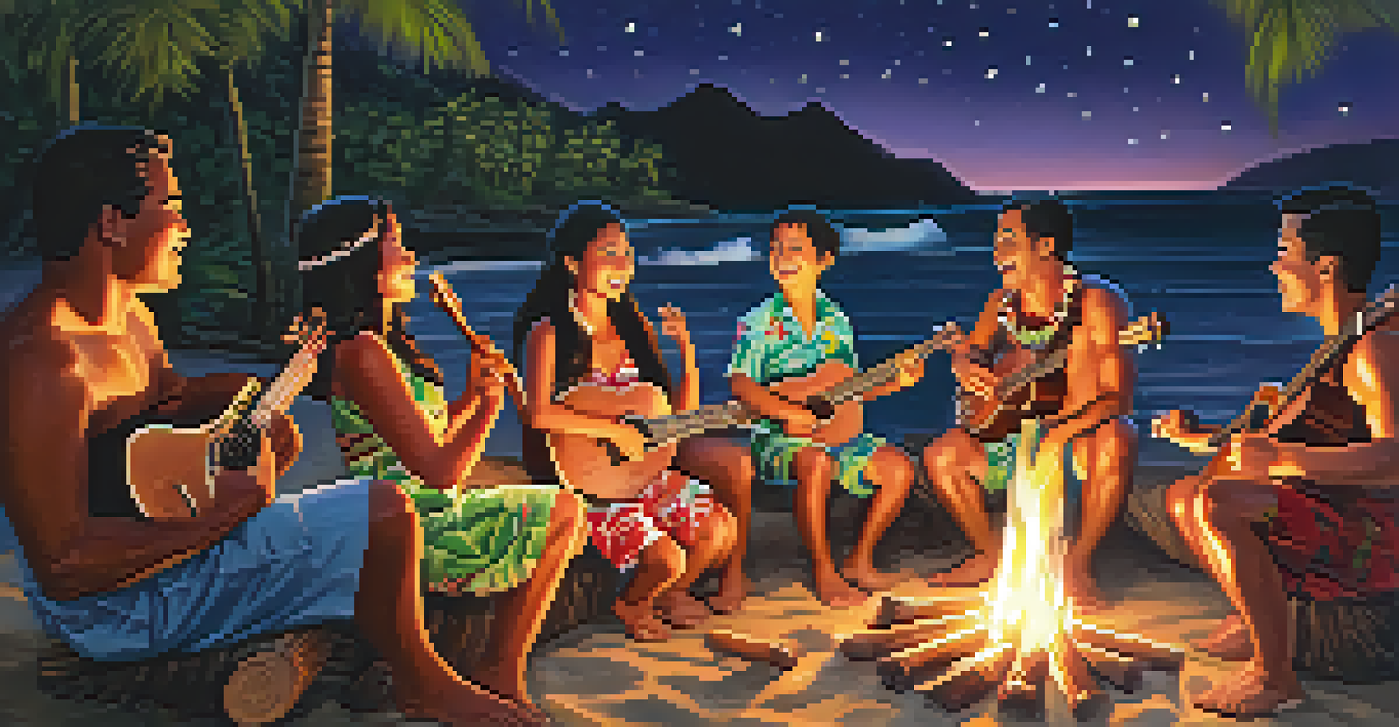 A family celebration around a bonfire with a person playing the ukulele.