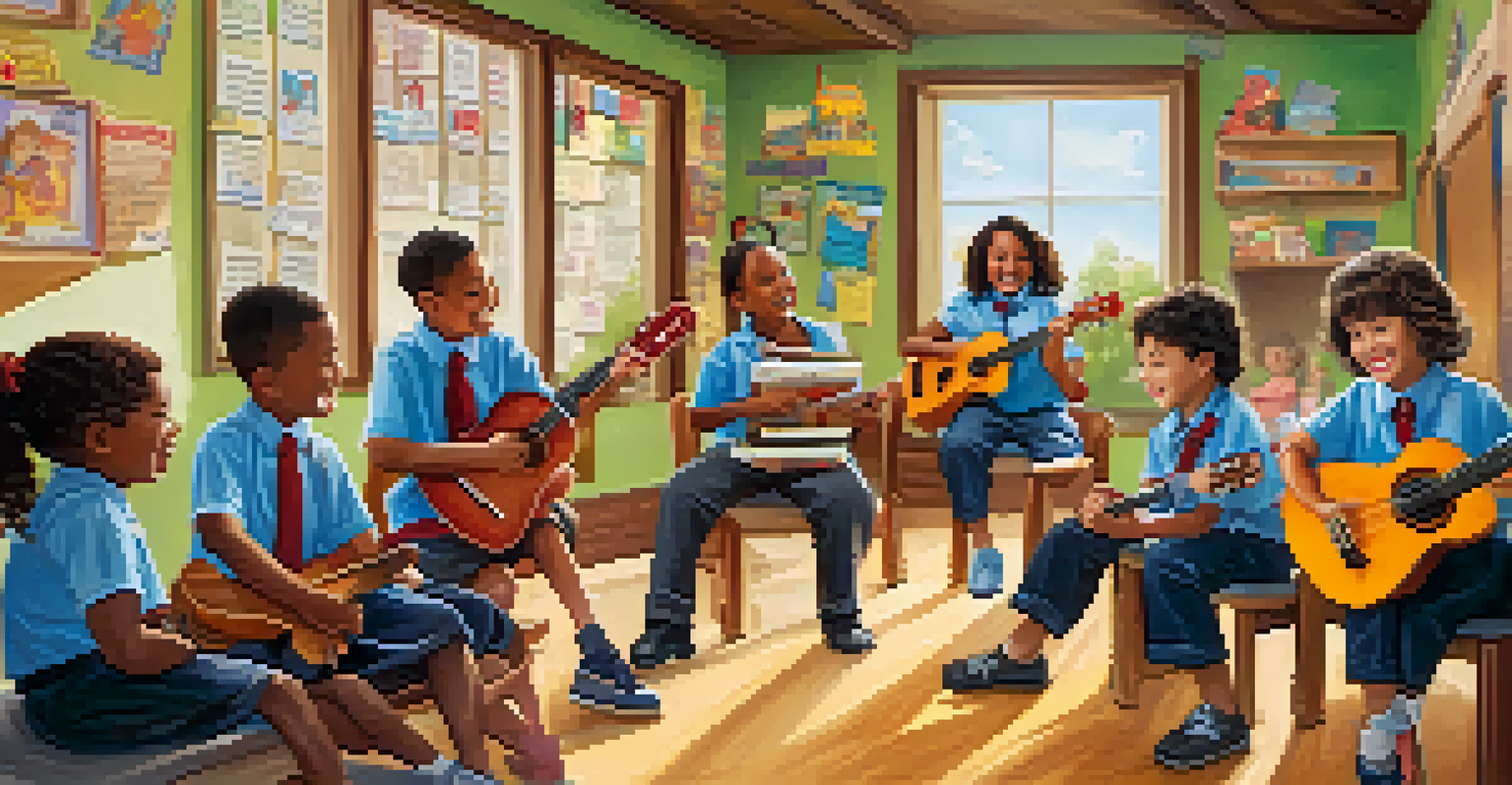 A music teacher guiding young students in playing ukuleles in a colorful classroom filled with musical posters.