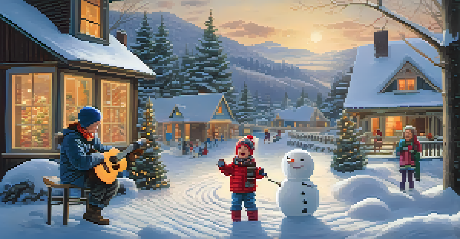 A cheerful snowman in a winter scene with children playing, one holding a ukulele, set against a snowy landscape.