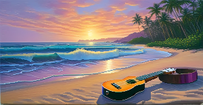 A ukulele lying on the sand of a Hawaiian beach at sunset, with colorful reflections in the water and palm trees in the background.