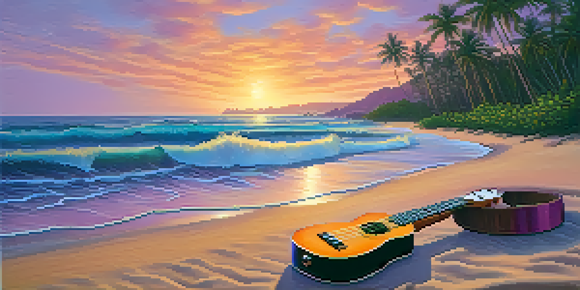 A ukulele lying on the sand of a Hawaiian beach at sunset, with colorful reflections in the water and palm trees in the background.