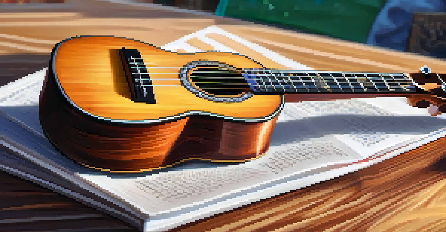 A close-up of a beautifully crafted ukulele resting on a wooden table, illuminated by warm light.
