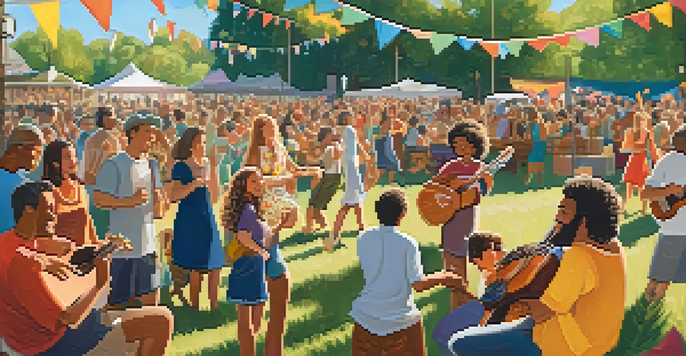 A musician playing the ukulele at a folk festival with a diverse audience enjoying the performance under a bright sun.