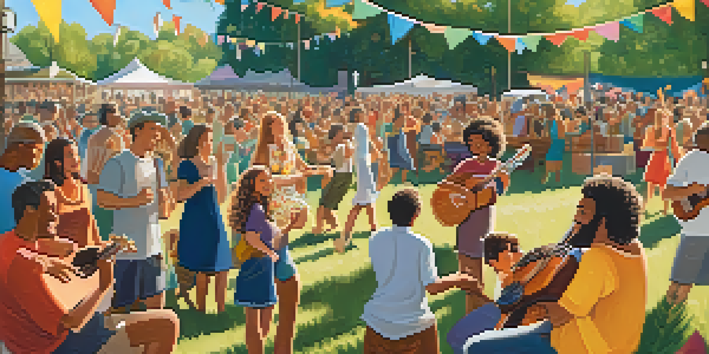 A musician playing the ukulele at a folk festival with a diverse audience enjoying the performance under a bright sun.