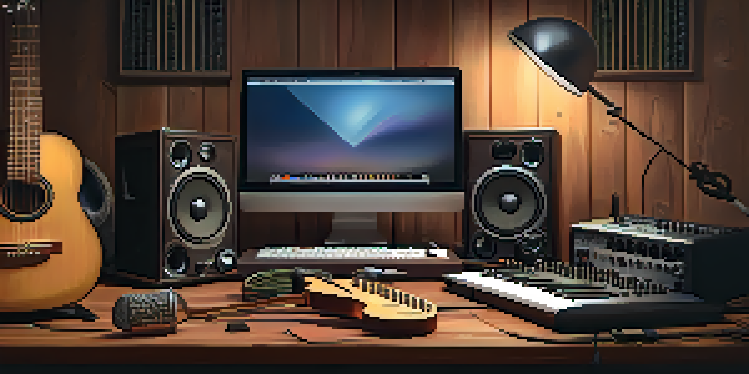A ukulele on a wooden table in a recording studio, surrounded by microphones and effects pedals, with warm ambient lighting.