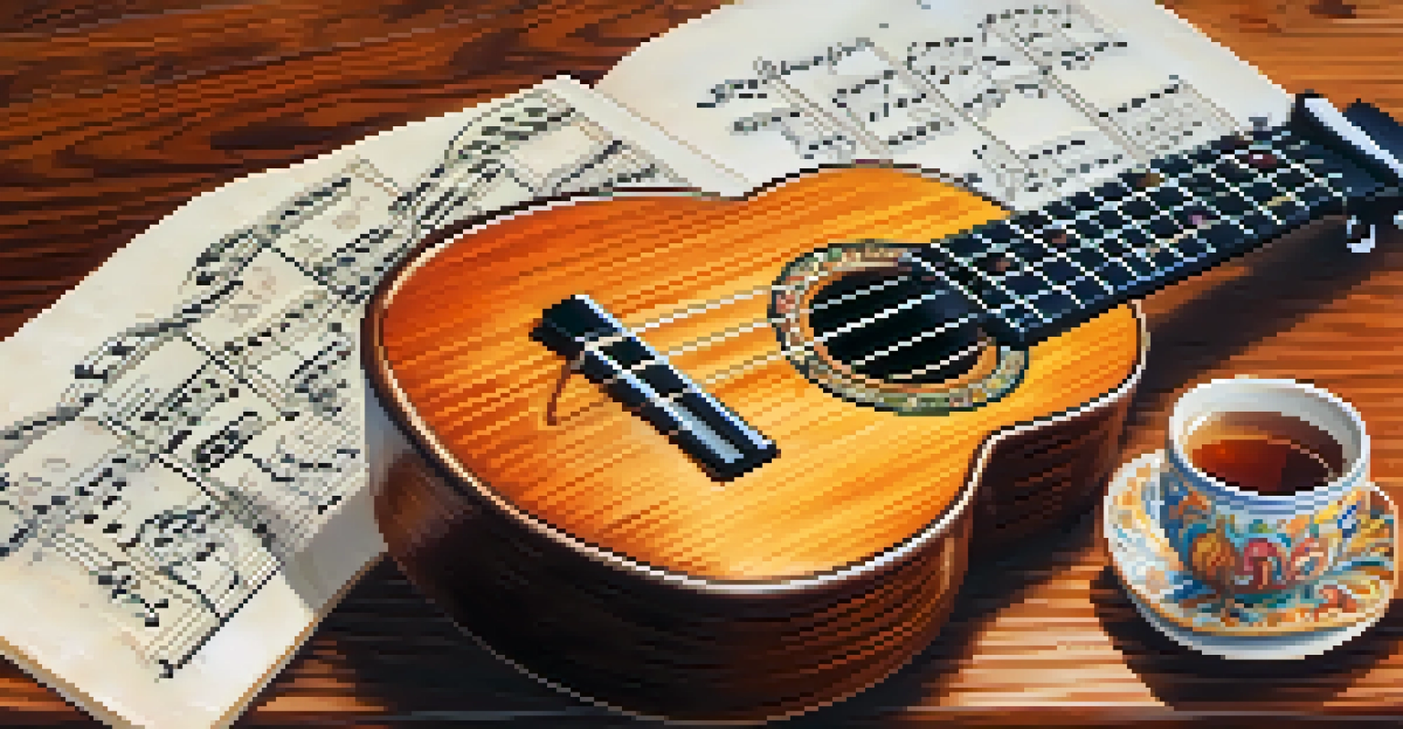 A close-up of a beautifully crafted ukulele on a wooden table, with colorful sheet music and a cup of tea nearby, showcasing an artistic and serene atmosphere.