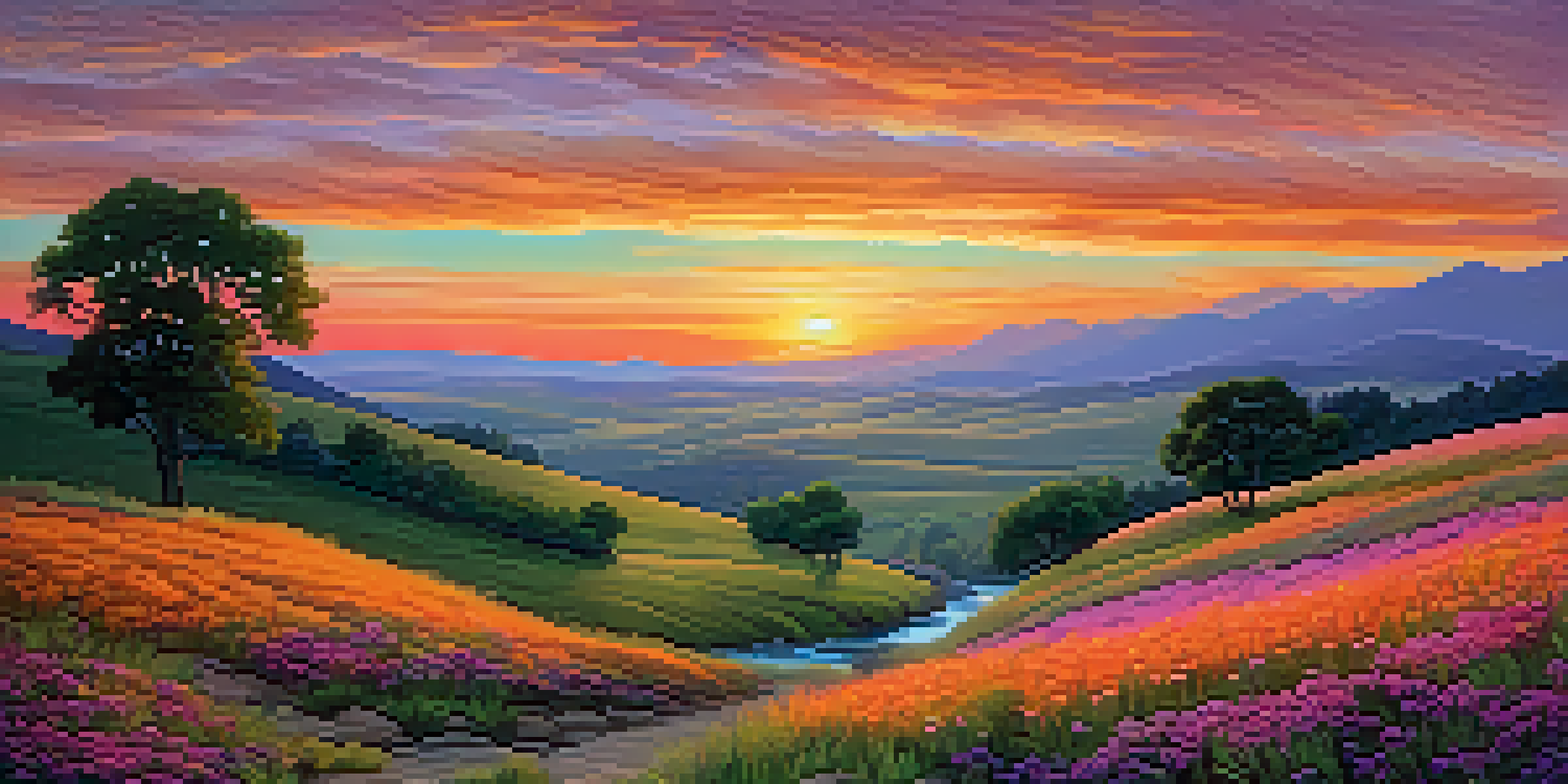 A peaceful landscape with rolling hills and a colorful sunset, featuring a river and blooming wildflowers.