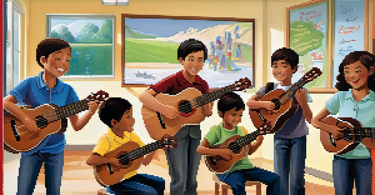 Children in a classroom learning to play the ukulele, with a smiling teacher demonstrating chords in a bright and colorful educational environment.