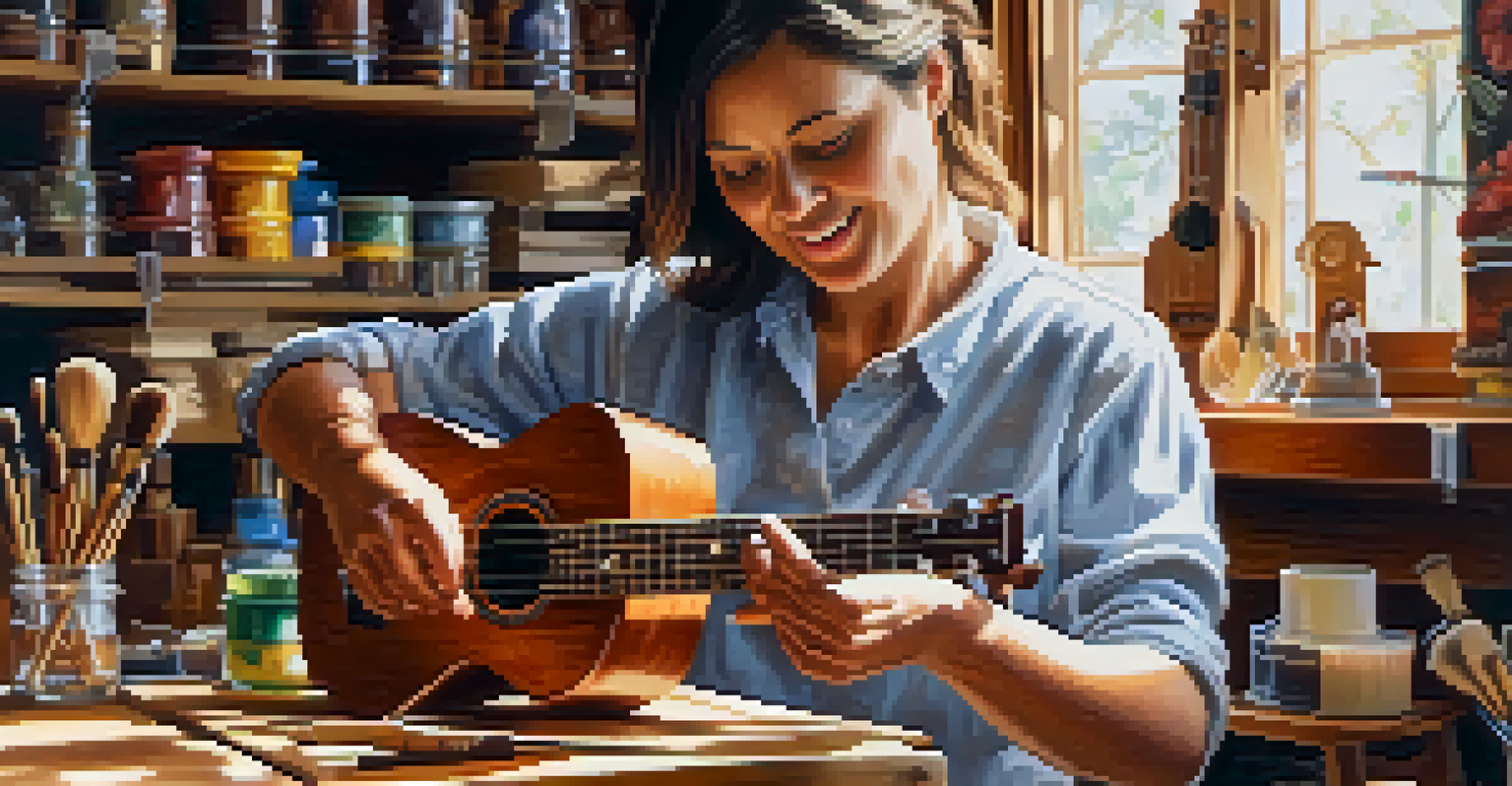 An artist applying a transparent stain to a ukulele in a sunlit workshop, surrounded by tools and materials.