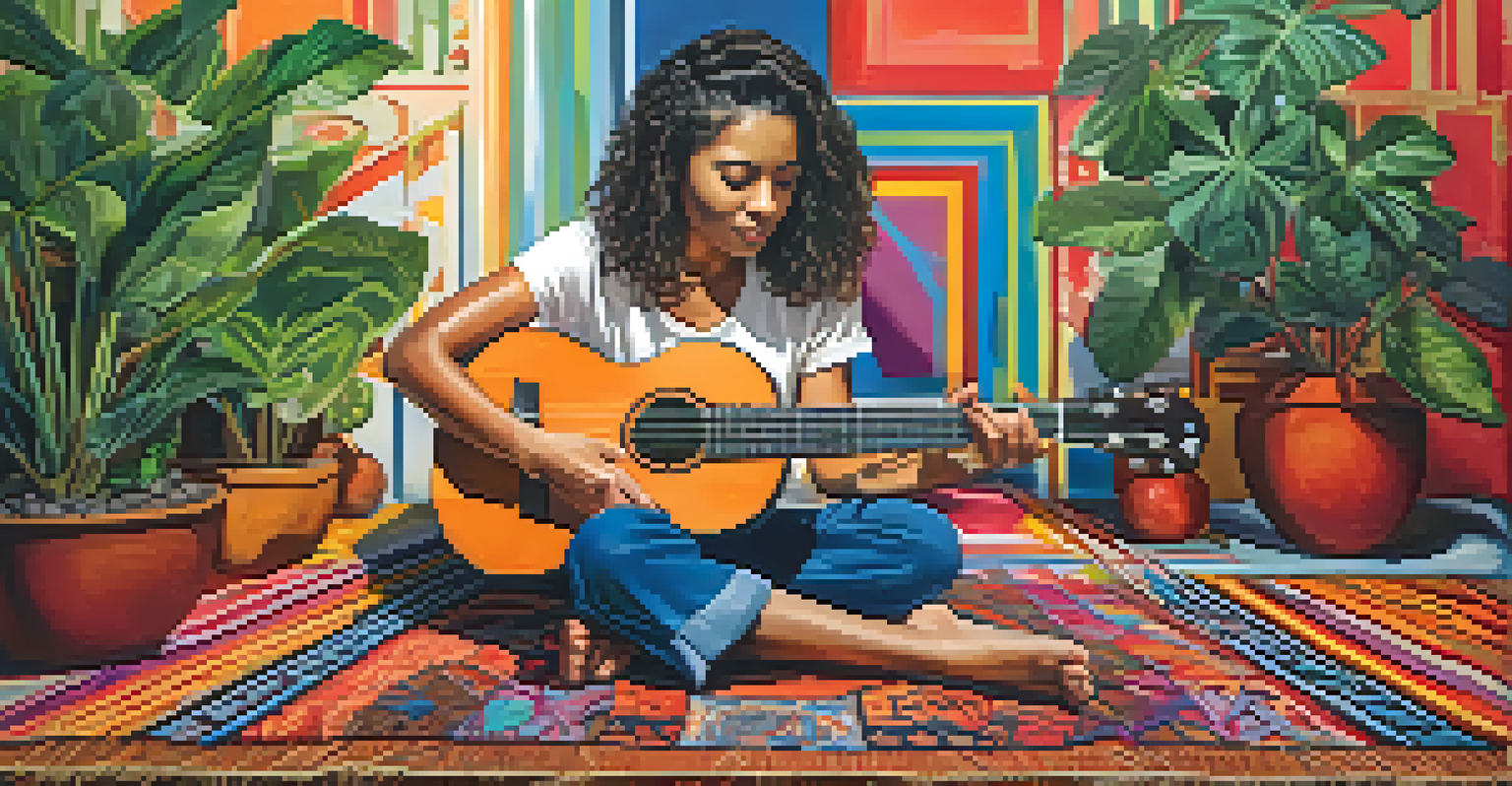 A musician practicing with a ukulele, focused on a metronome, seated on a colorful rug surrounded by plants.