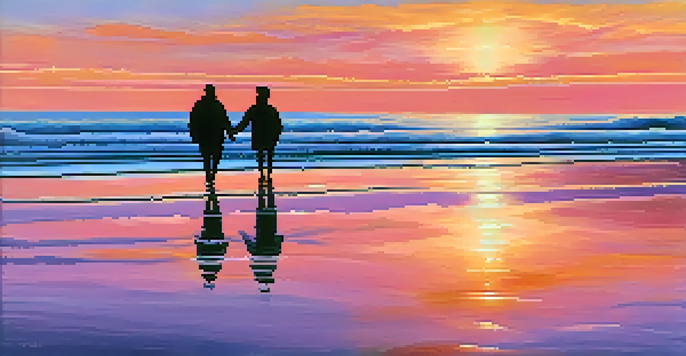 A beautiful sunset over a calm beach, with two people walking hand in hand along the shore.