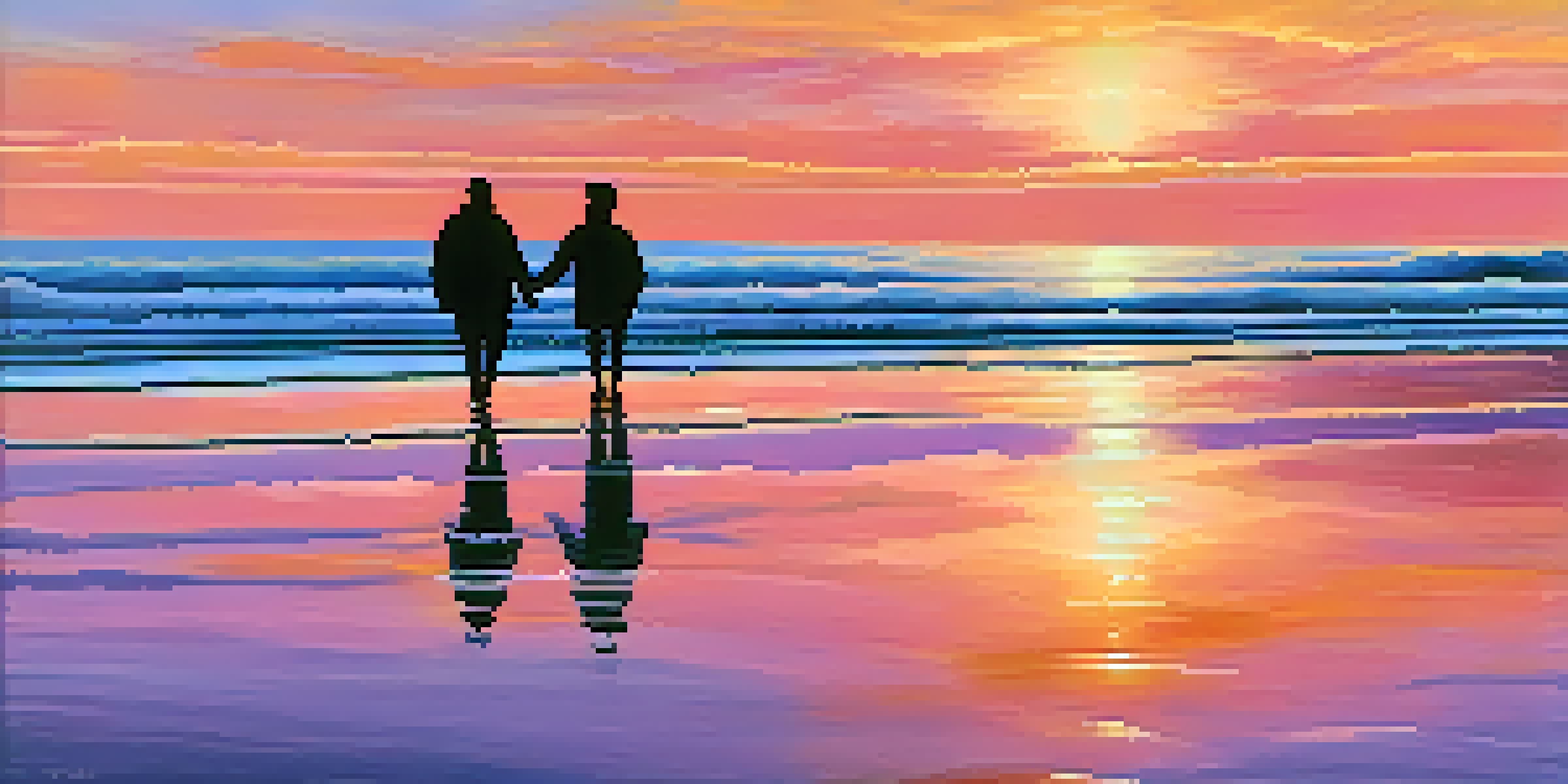 A beautiful sunset over a calm beach, with two people walking hand in hand along the shore.