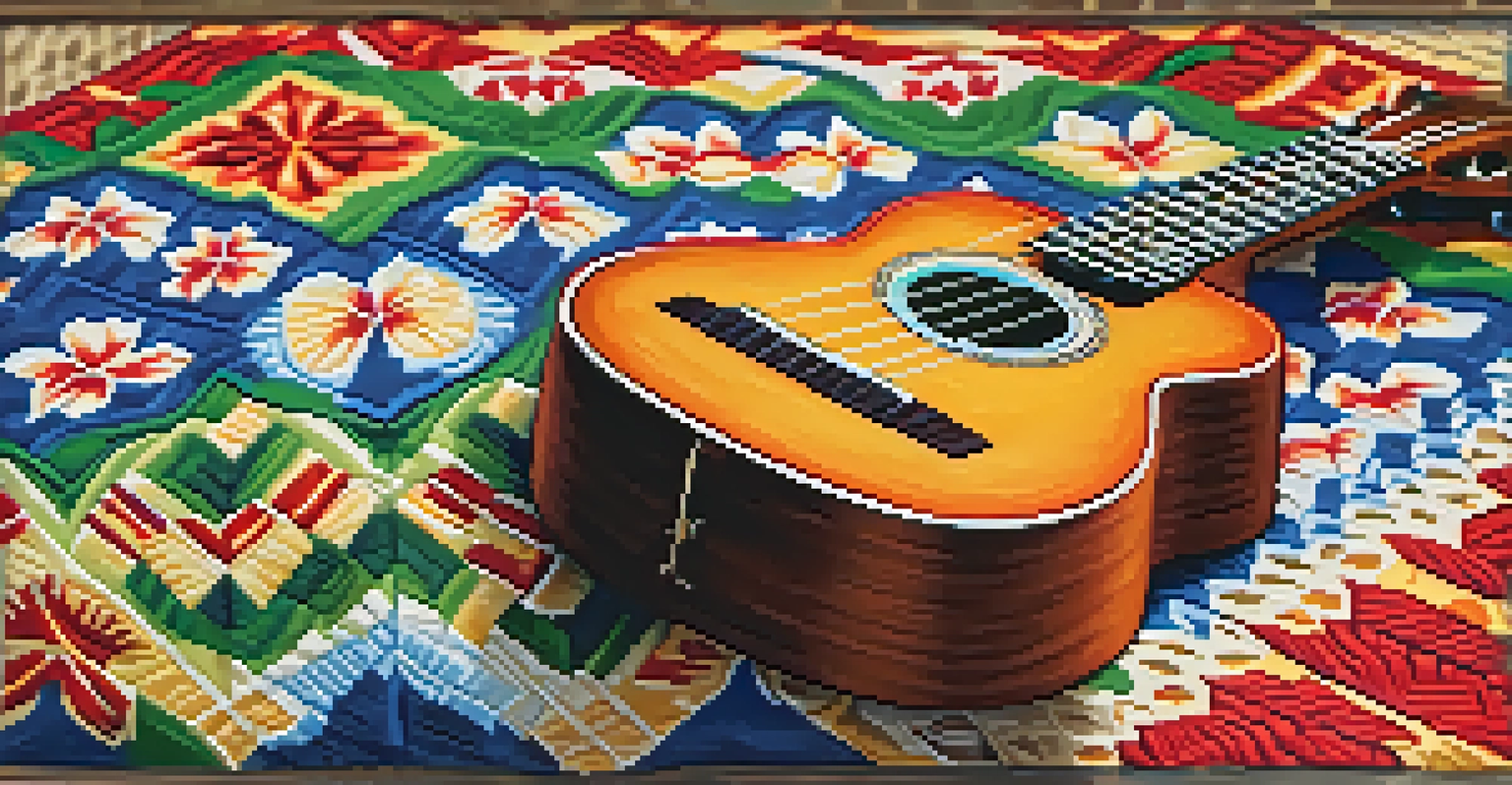 A close-up of a ukulele on a colorful Hawaiian quilt, showcasing the instrument's wooden texture and the quilt's intricate patterns.
