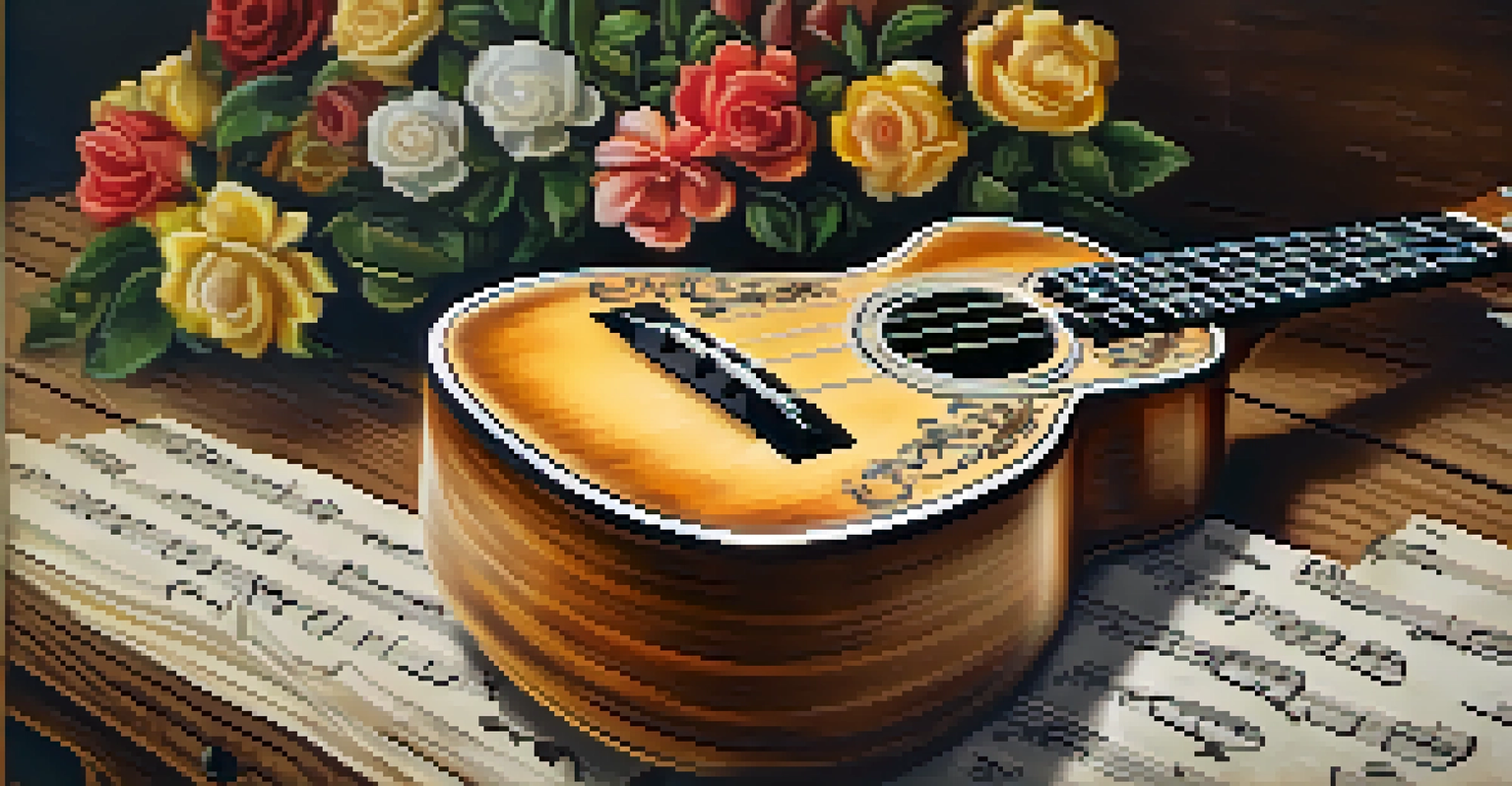 A close-up of a beautifully crafted ukulele on a wooden table, with musical notes in the background.