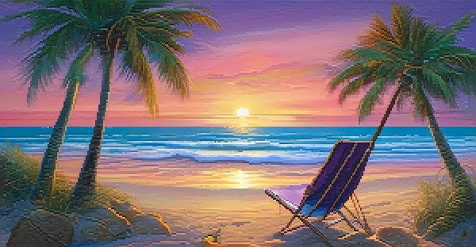 A peaceful beach setting at sunset with a ukulele and guitar on a chair, colorful sky, and gentle waves.