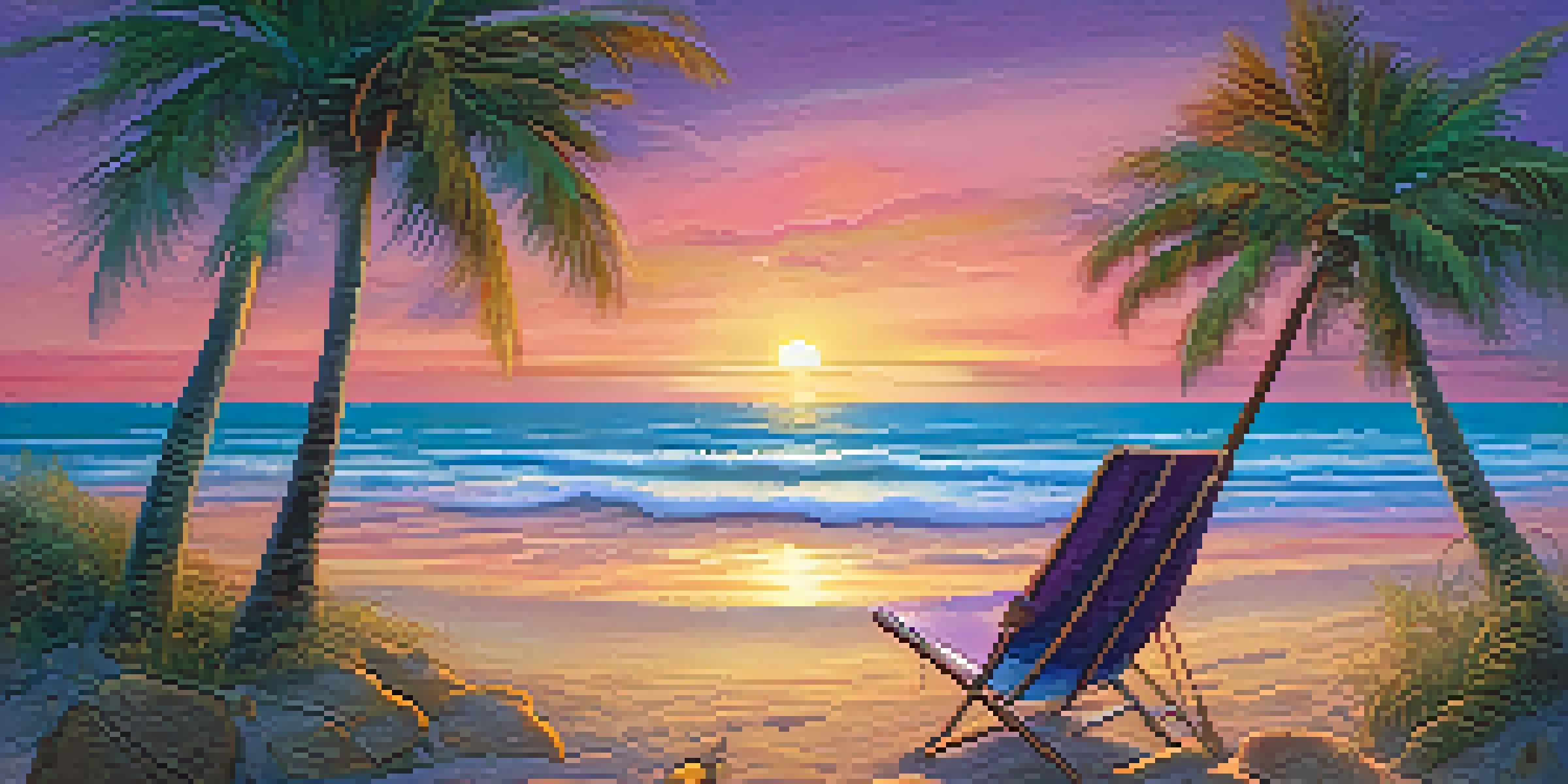 A peaceful beach setting at sunset with a ukulele and guitar on a chair, colorful sky, and gentle waves.