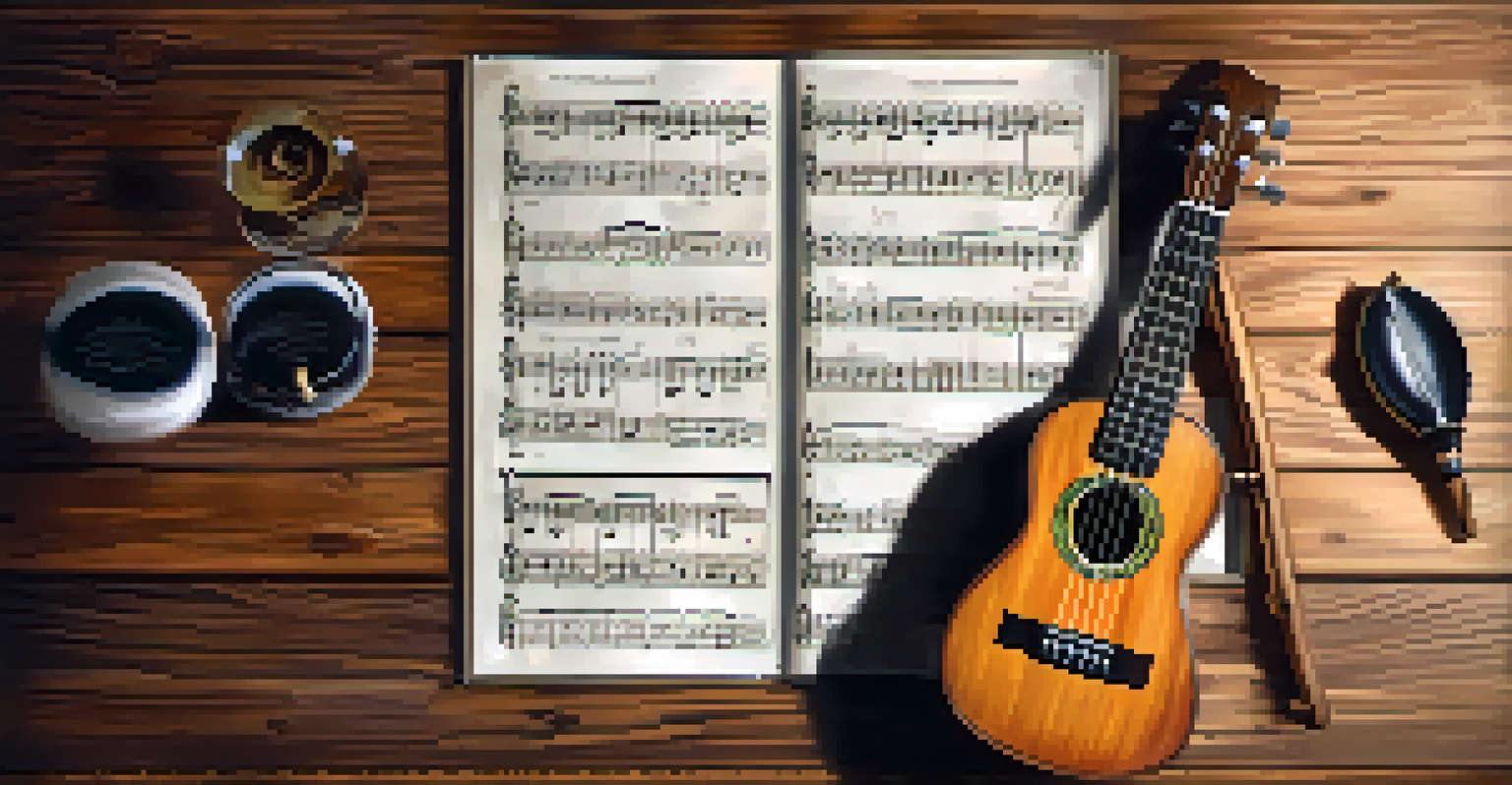 A wooden table displaying a ukulele, sheet music, and a metronome in a soft light setting.