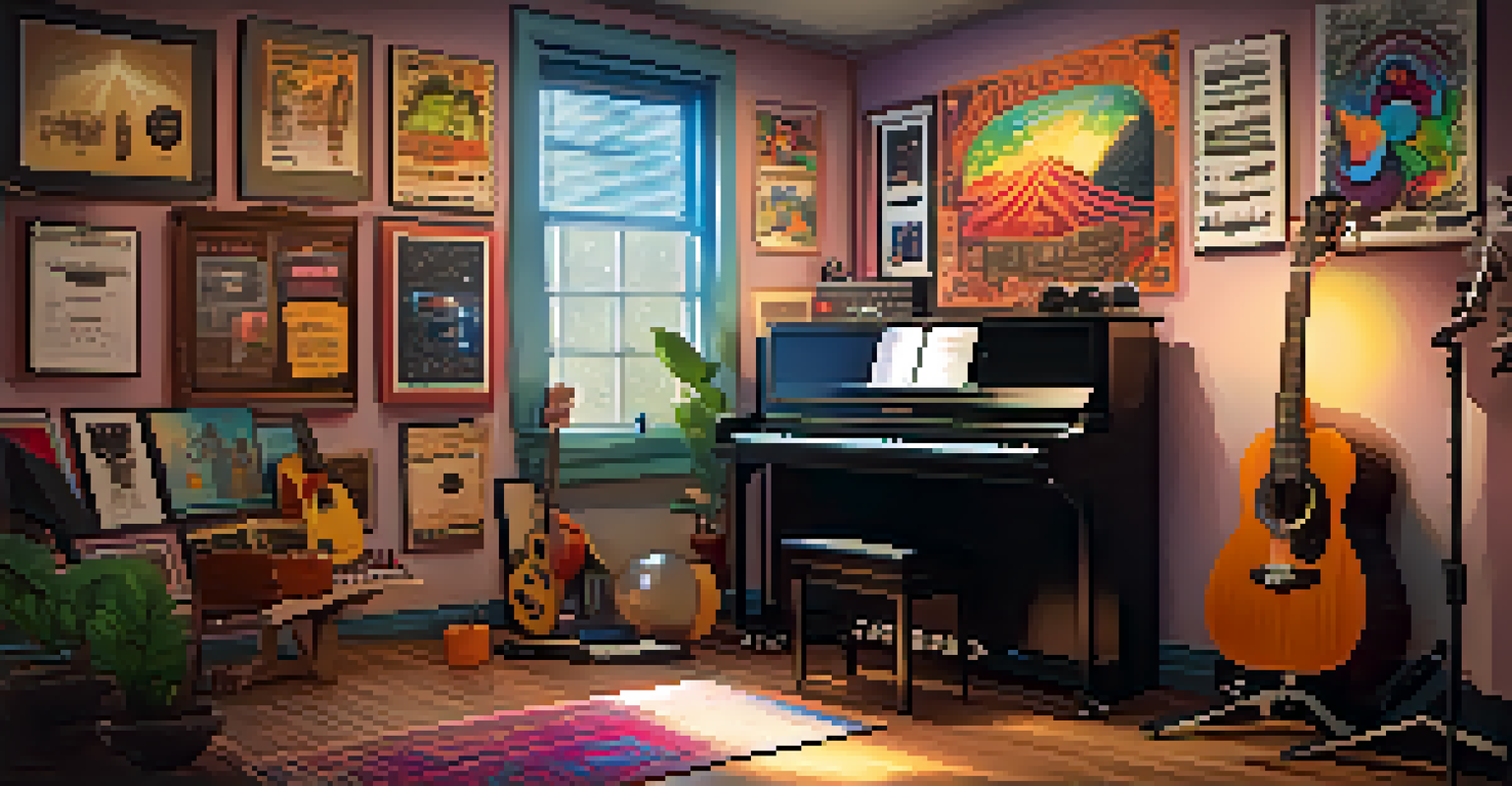 A colorful music studio with various instruments and posters, featuring a ukulele and a notepad with lyrics.
