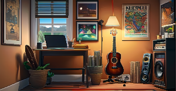 A warm and inviting home studio with a ukulele on a table, soft lighting, and musical decor.