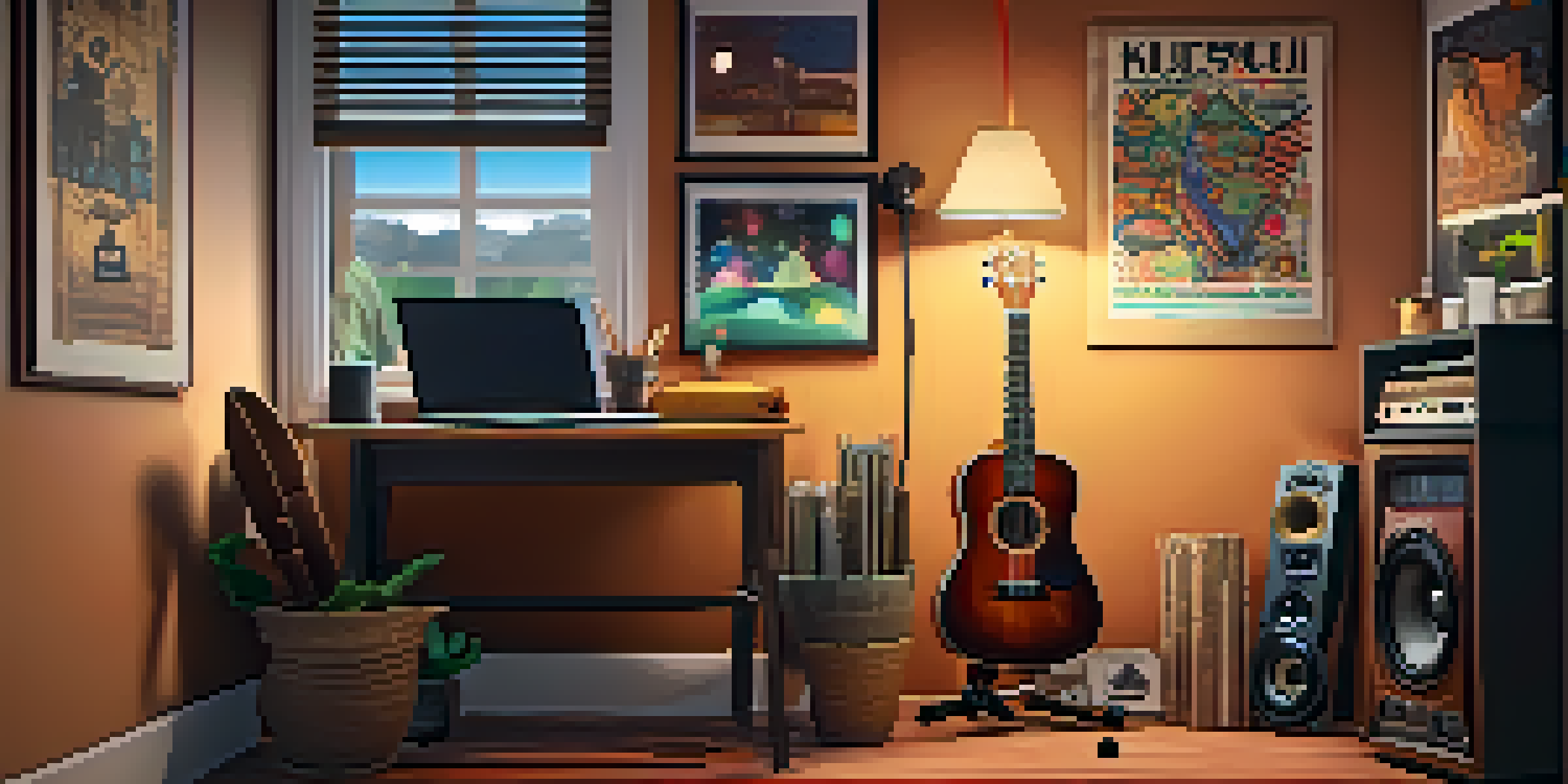 A warm and inviting home studio with a ukulele on a table, soft lighting, and musical decor.