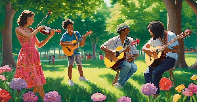 A diverse group of musicians playing ukuleles in a lively park filled with greenery and flowers under the sunlight.