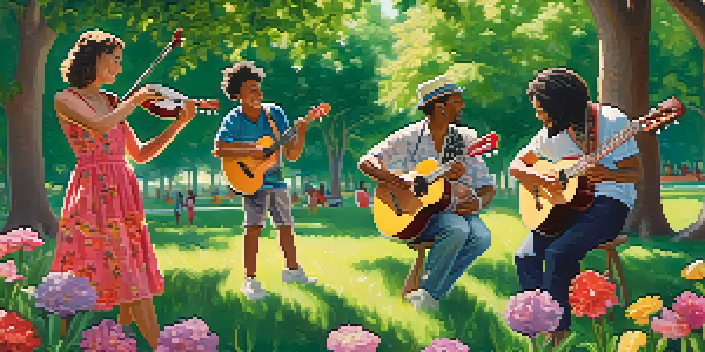 A diverse group of musicians playing ukuleles in a lively park filled with greenery and flowers under the sunlight.
